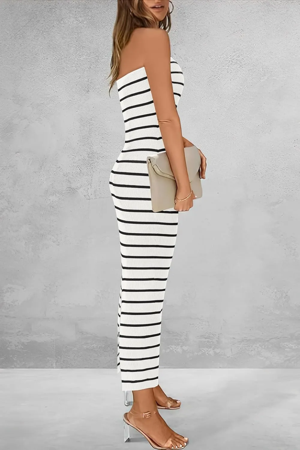 BTFBM Casual Women's Summer Dresses Bodycon Maxi Tube Striped Dress Ribbed Knit Strapless Back Slit Long Dress Party Dresses