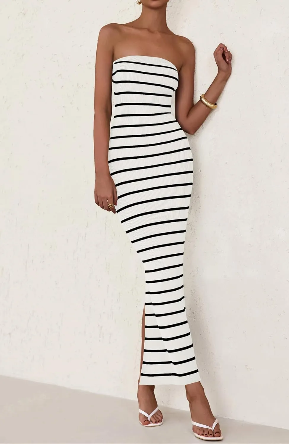 BTFBM Casual Women's Summer Dresses Bodycon Maxi Tube Striped Dress Ribbed Knit Strapless Back Slit Long Dress Party Dresses