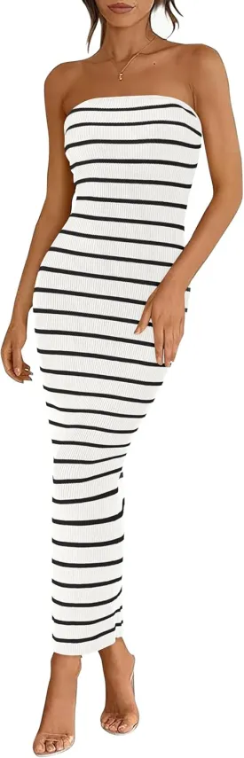 BTFBM Casual Women's Summer Dresses Bodycon Maxi Tube Striped Dress Ribbed Knit Strapless Back Slit Long Dress Party Dresses