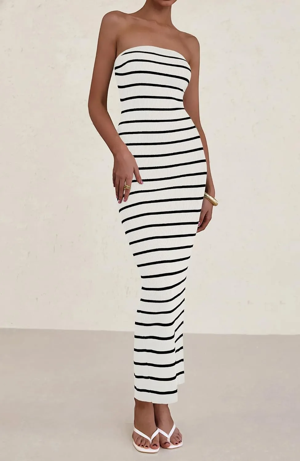 BTFBM Casual Women's Summer Dresses Bodycon Maxi Tube Striped Dress Ribbed Knit Strapless Back Slit Long Dress Party Dresses