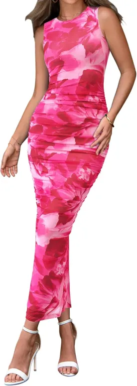 BTFBM Women Bodycon Maxi Dresses 2025 Summer Sleeveless Floral Ruched Slit Mesh Party Cocktail Wedding Guest Tank Dress