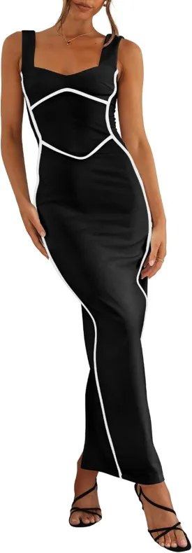 BTFBM Women Maxi Bodycon Dresses Square Neck Sleeveless Contrast Binding Split Cocktail Party Club Tank Long Dress 2025