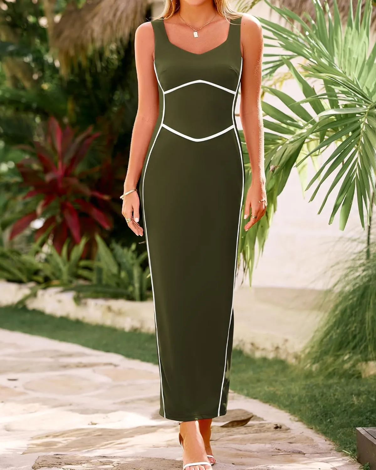 BTFBM Women Maxi Bodycon Dresses Square Neck Sleeveless Contrast Binding Split Cocktail Party Club Tank Long Dress 2025