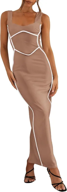 BTFBM Women Maxi Bodycon Dresses Square Neck Sleeveless Contrast Binding Split Cocktail Party Club Tank Long Dress 2025
