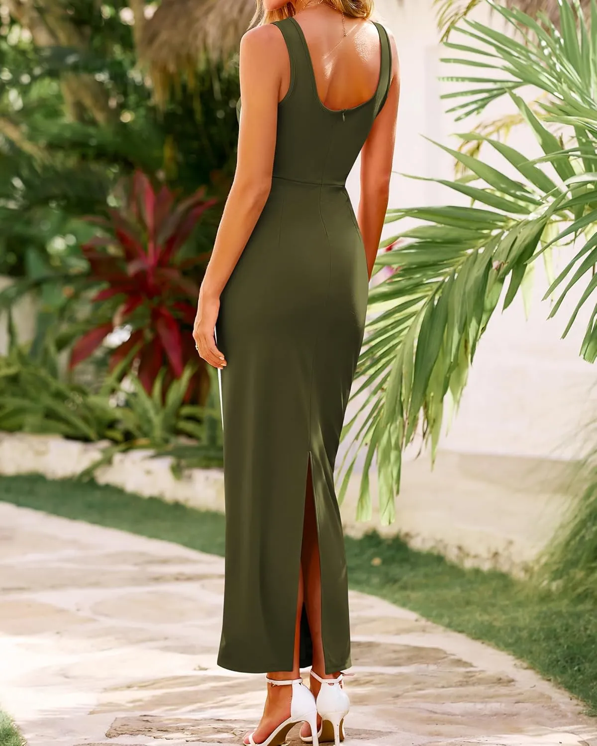 BTFBM Women Maxi Bodycon Dresses Square Neck Sleeveless Contrast Binding Split Cocktail Party Club Tank Long Dress 2025