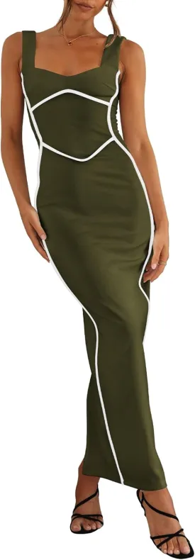 BTFBM Women Maxi Bodycon Dresses Square Neck Sleeveless Contrast Binding Split Cocktail Party Club Tank Long Dress 2025