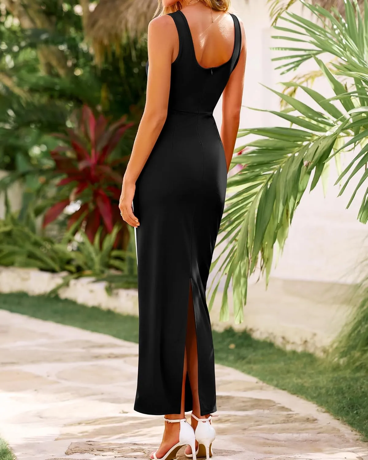 BTFBM Women Maxi Bodycon Dresses Square Neck Sleeveless Contrast Binding Split Cocktail Party Club Tank Long Dress 2025