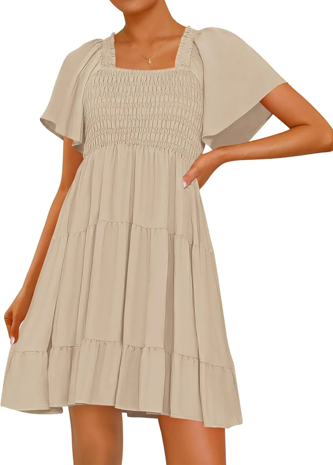 BTFBM Women's Summer Smocked Mini Dress Square Neck Flutter Sleeve Casual Ruffle Flared Swing Boho Beach Dresses Pockets