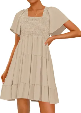 BTFBM Women's Summer Smocked Mini Dress Square Neck Flutter Sleeve Casual Ruffle Flared Swing Boho Beach Dresses Pockets