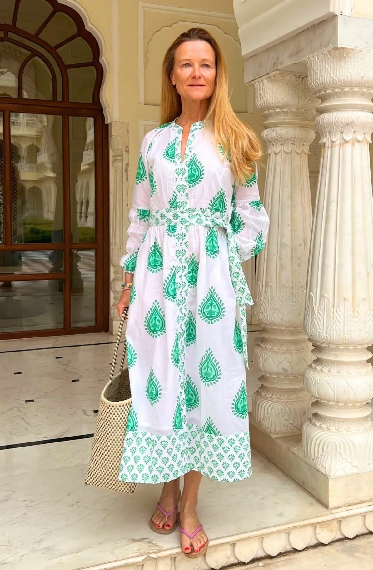 Cara Block Print Dress | Wild Flower Buta Green