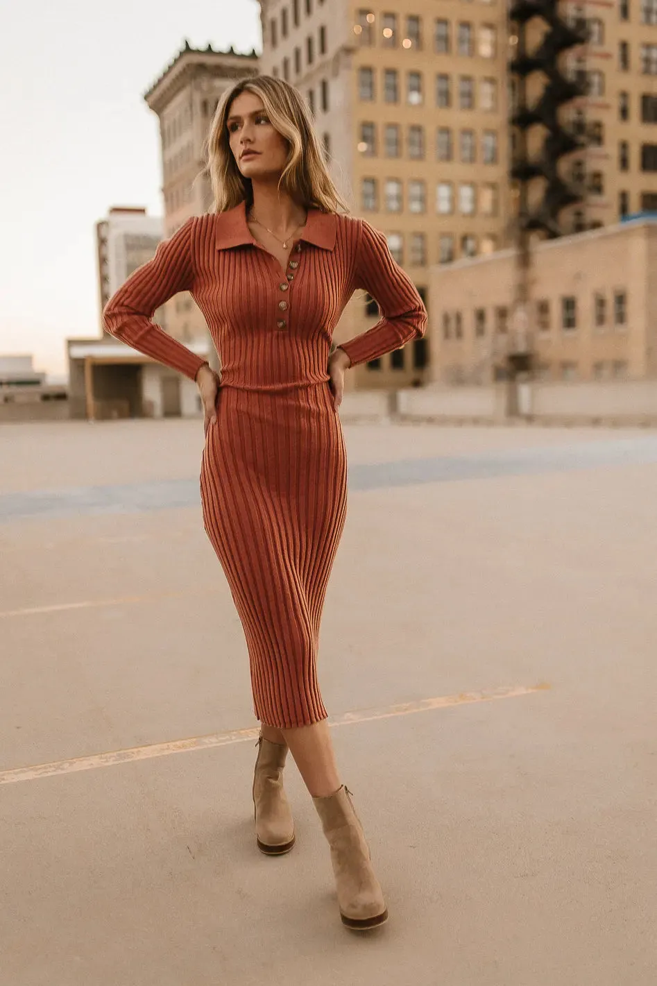 Carden Ribbed Midi Dress in Clay - FINAL SALE