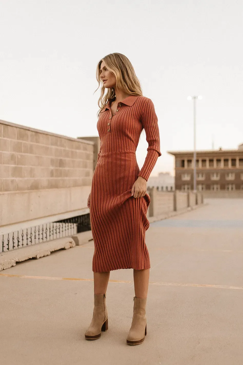 Carden Ribbed Midi Dress in Clay - FINAL SALE