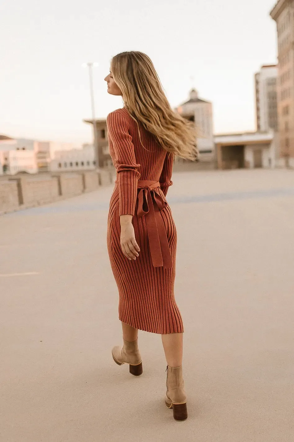 Carden Ribbed Midi Dress in Clay - FINAL SALE