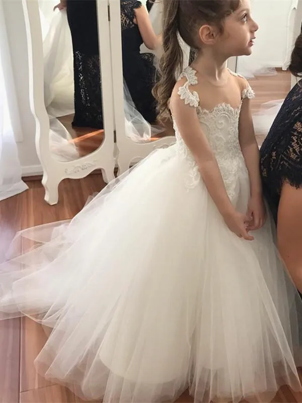 Charming Tulle Jewel Neckline Ball Gown Flower Girl Dresses With Appliques FD076