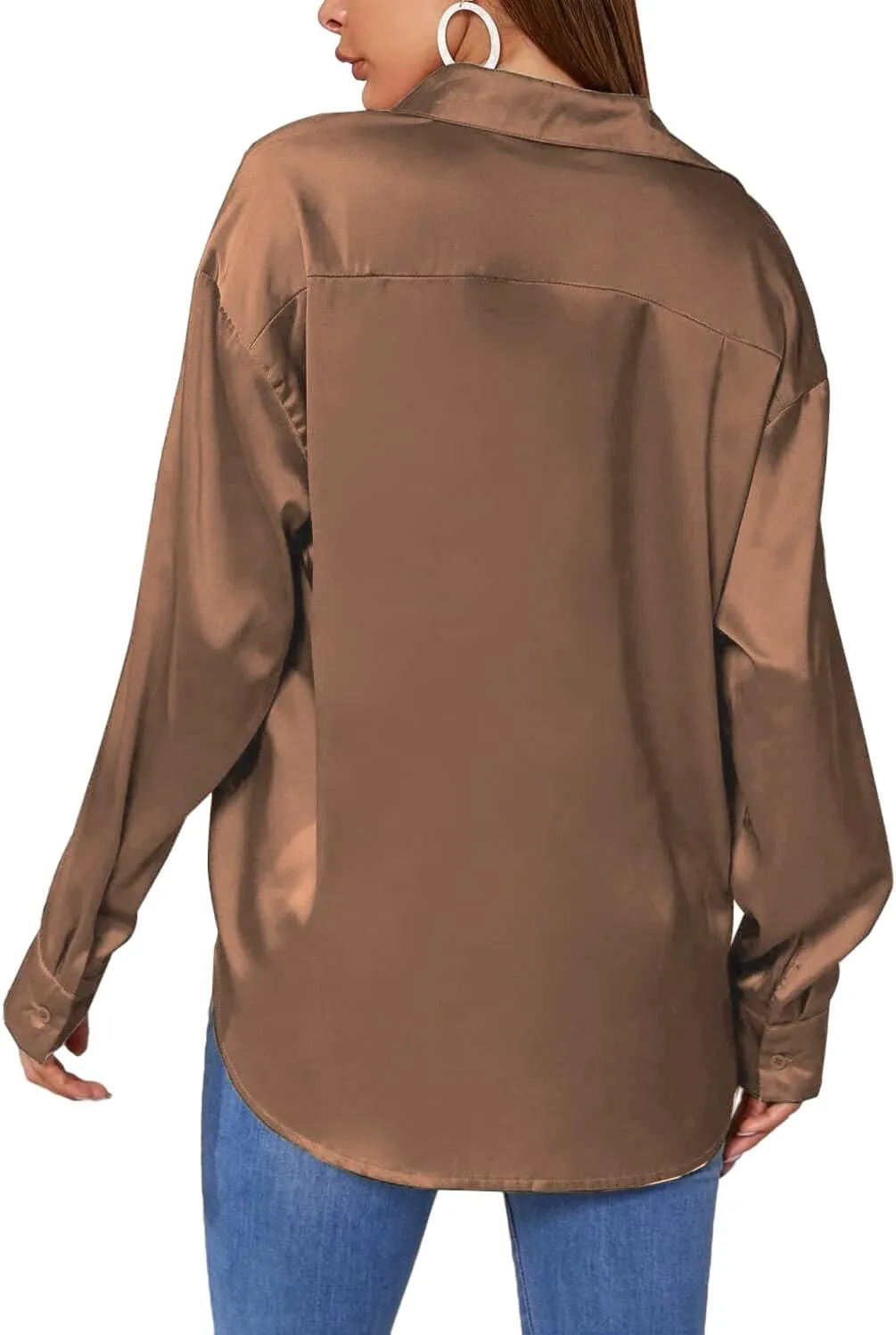 Chigant Women's Blouse Satin Silk Shirts Button Down Shirts Casual Loose Long Sleeve Office Work Tunic Tops