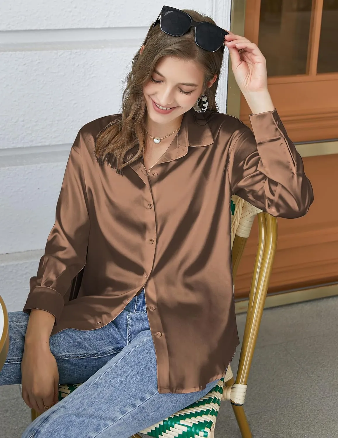 Chigant Women's Blouse Satin Silk Shirts Button Down Shirts Casual Loose Long Sleeve Office Work Tunic Tops