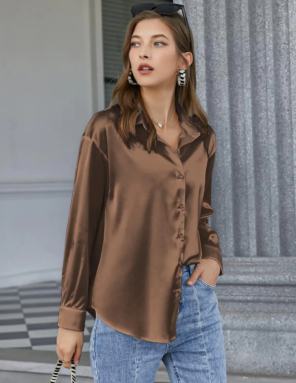 Chigant Women's Blouse Satin Silk Shirts Button Down Shirts Casual Loose Long Sleeve Office Work Tunic Tops