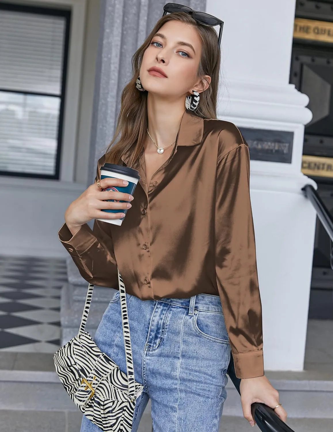 Chigant Women's Blouse Satin Silk Shirts Button Down Shirts Casual Loose Long Sleeve Office Work Tunic Tops