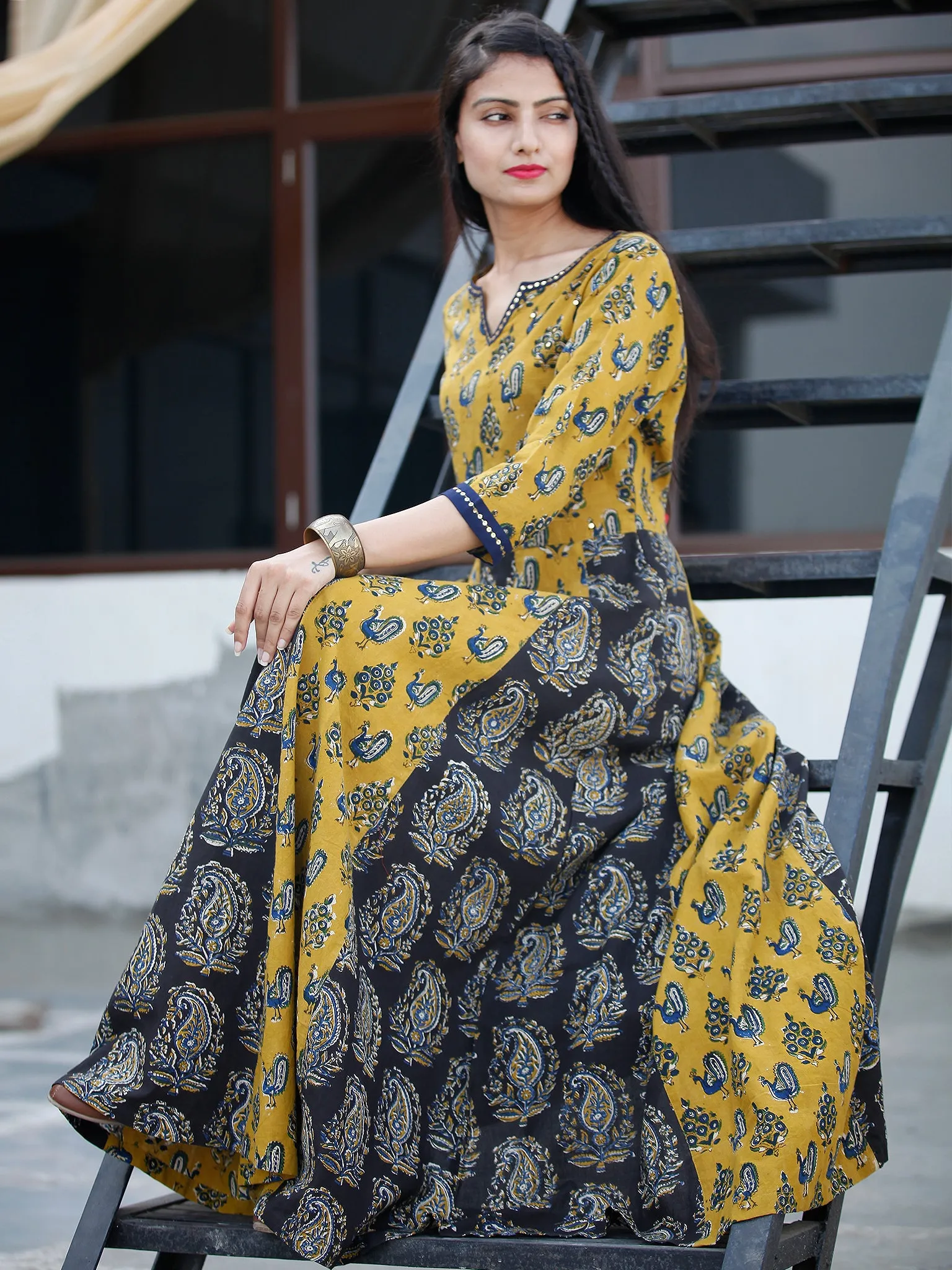 Classic Peacock - Hand Block Printed Long Cotton Sequence Work Dress  - D345F1809