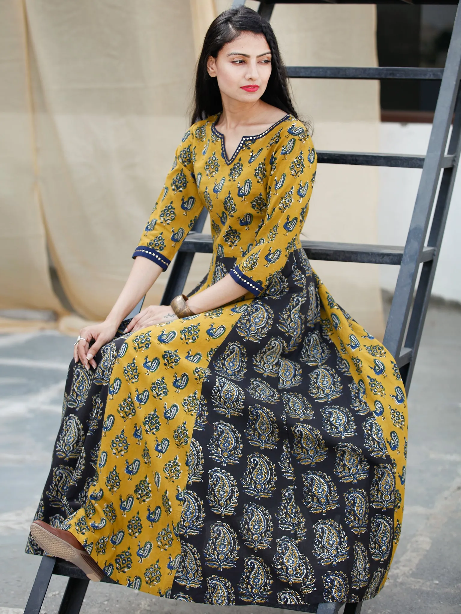 Classic Peacock - Hand Block Printed Long Cotton Sequence Work Dress  - D345F1809