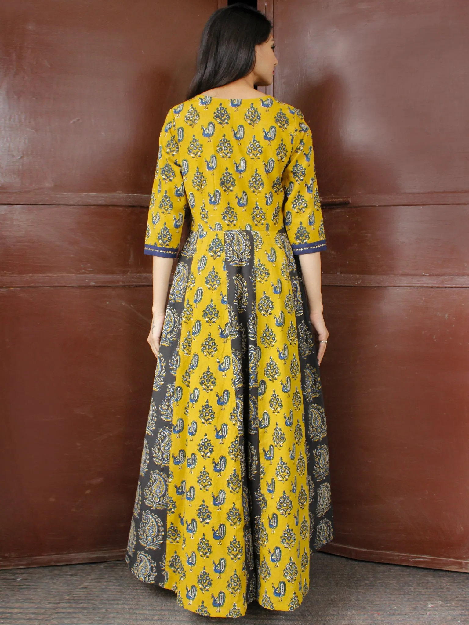 Classic Peacock - Hand Block Printed Long Cotton Sequence Work Dress  - D345F1809