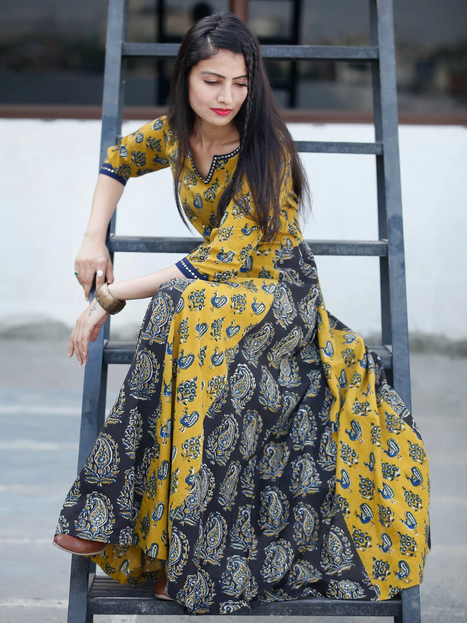 Classic Peacock - Hand Block Printed Long Cotton Sequence Work Dress  - D345F1809