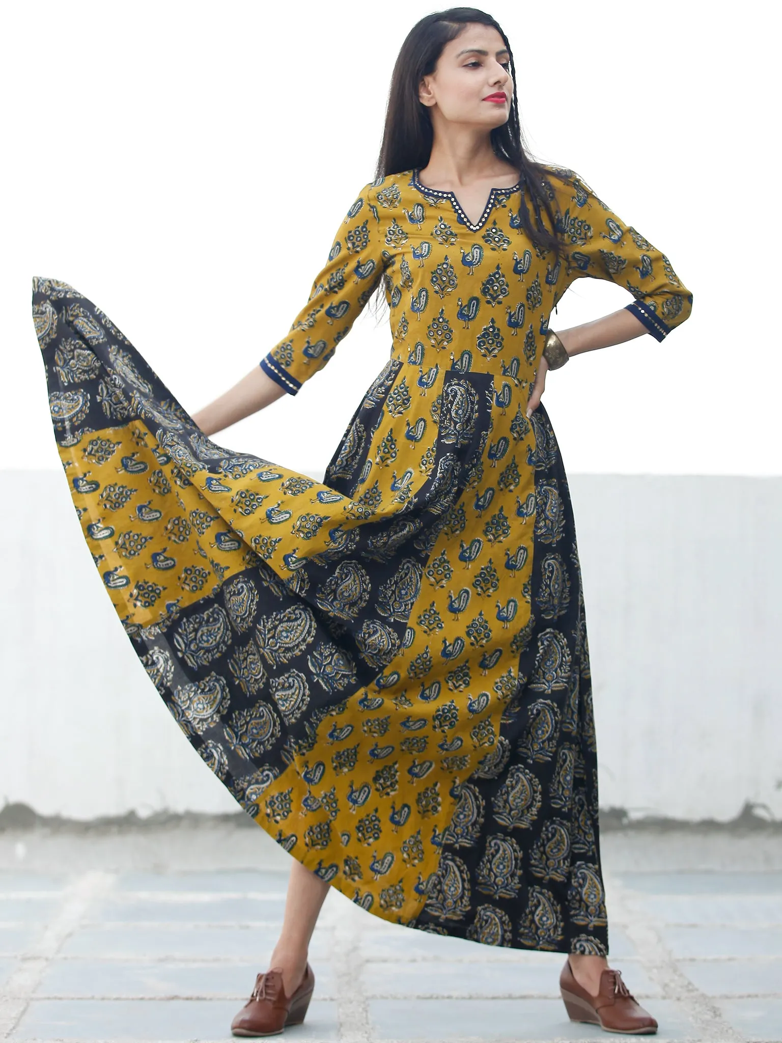 Classic Peacock - Hand Block Printed Long Cotton Sequence Work Dress  - D345F1809