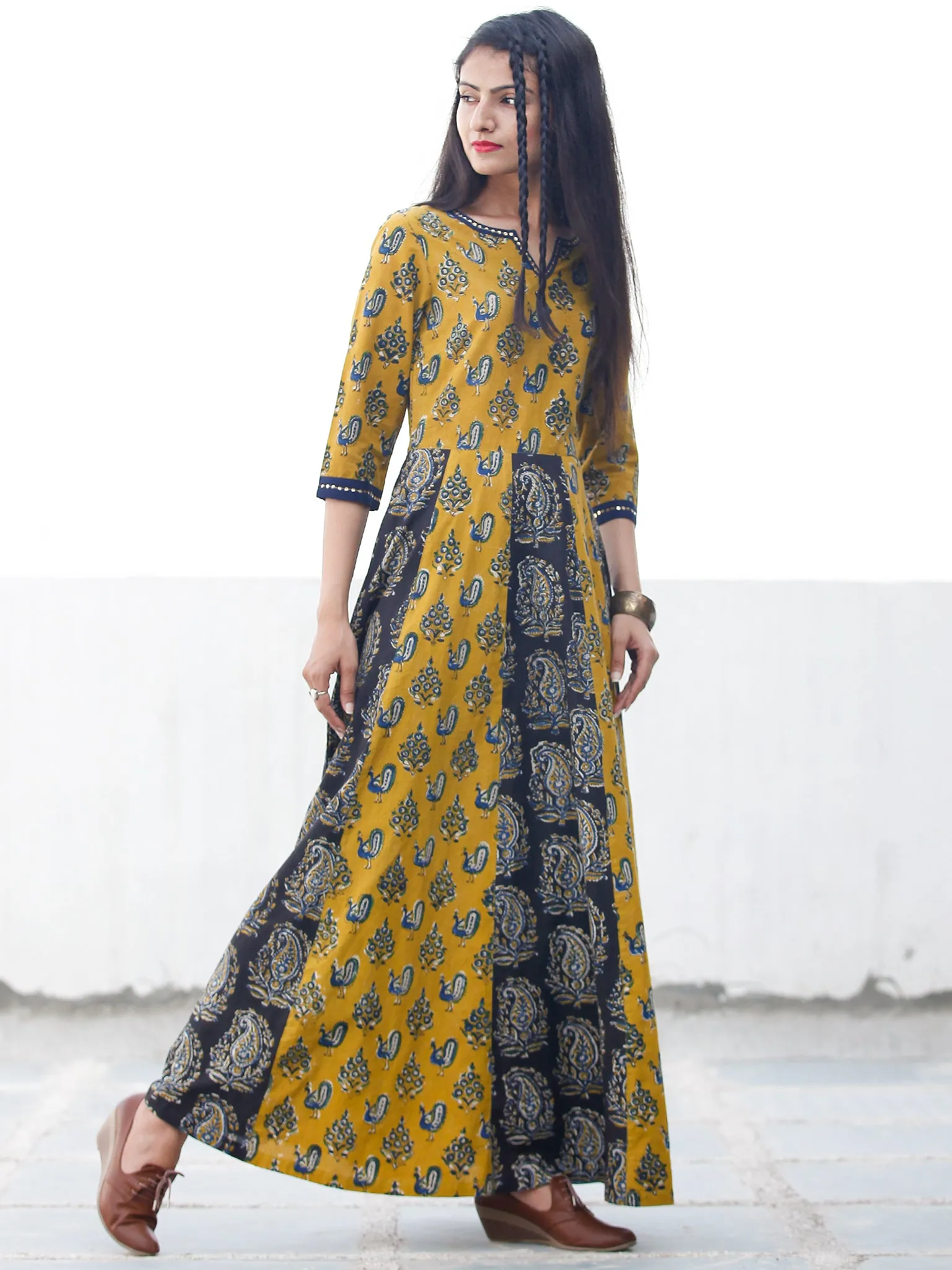 Classic Peacock - Hand Block Printed Long Cotton Sequence Work Dress  - D345F1809