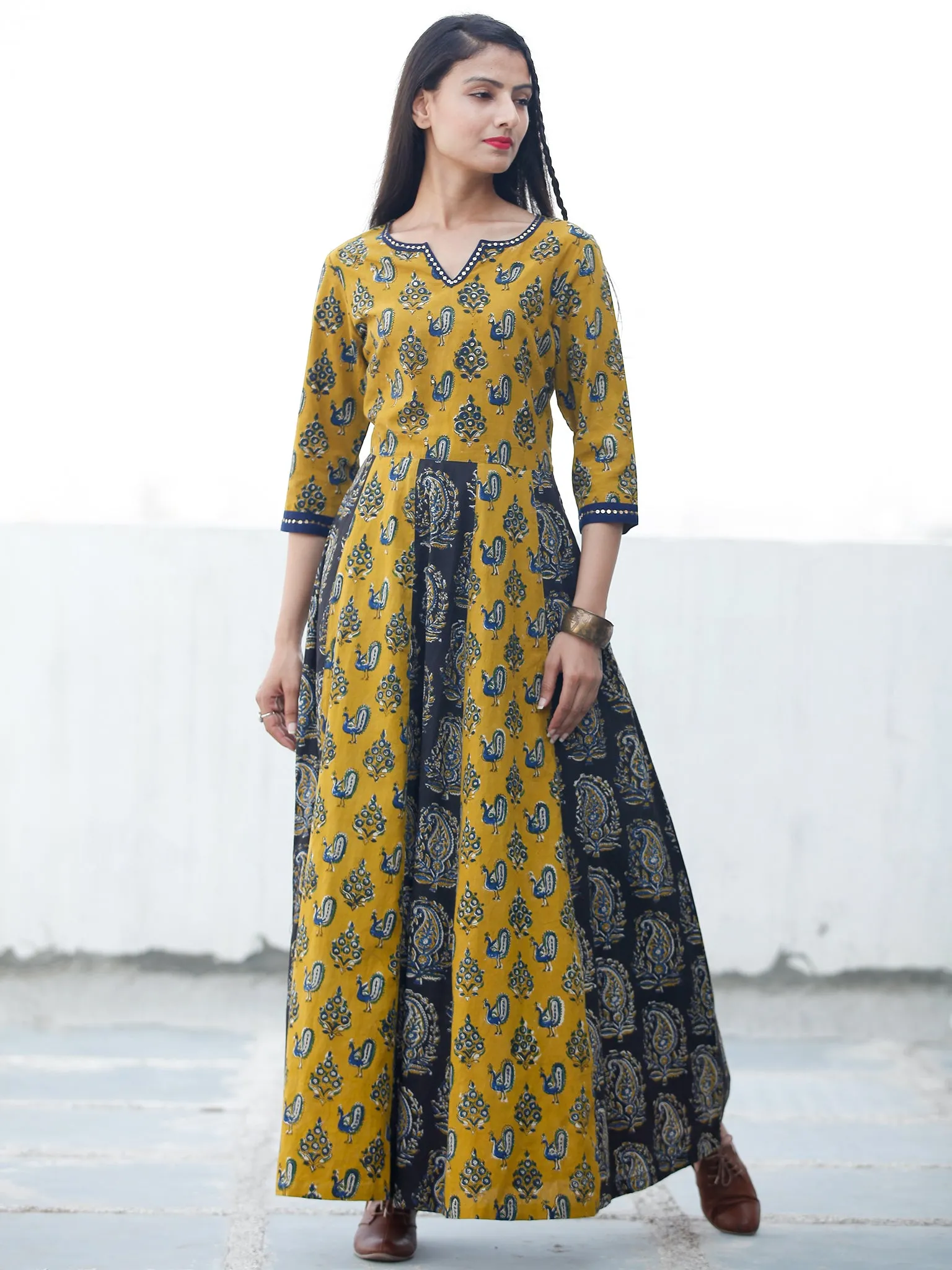 Classic Peacock - Hand Block Printed Long Cotton Sequence Work Dress  - D345F1809