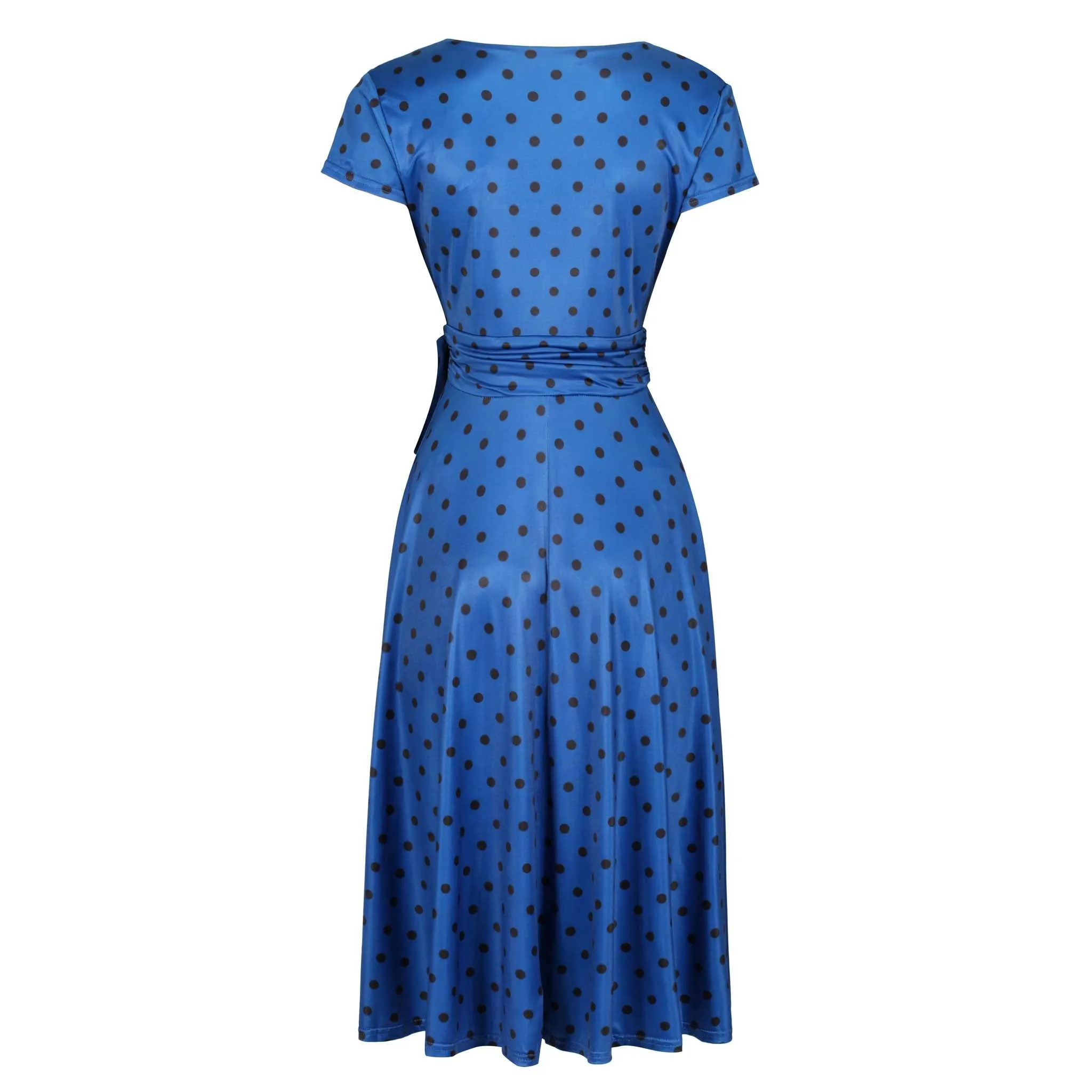 Elegant Royal Blue Polka Dot Cap Sleeve Fit And Flare Midi Dress