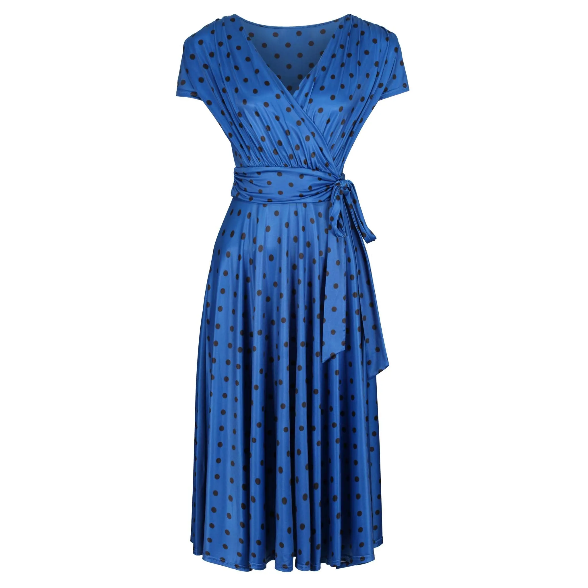 Elegant Royal Blue Polka Dot Cap Sleeve Fit And Flare Midi Dress