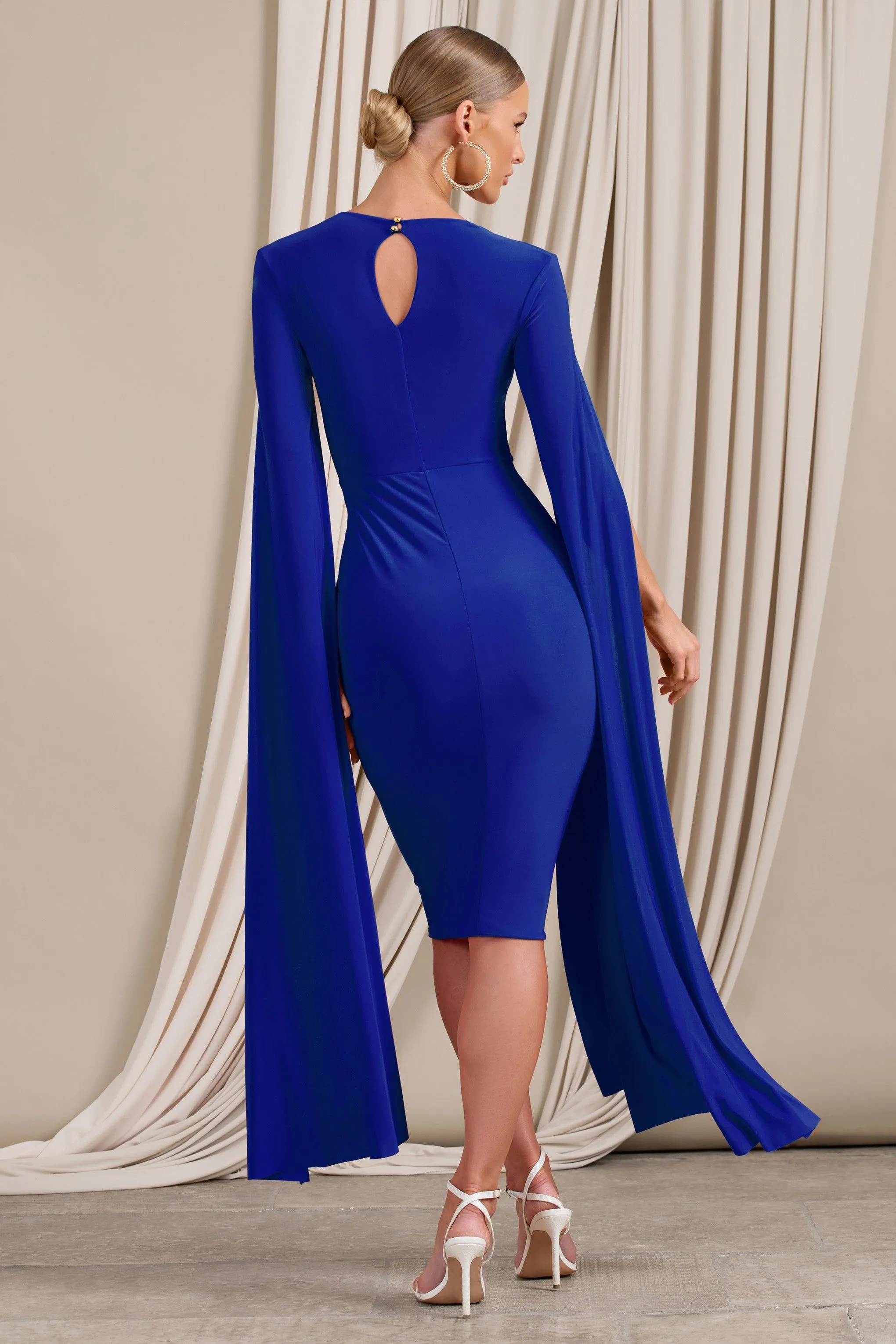 Elegant Club L Midi Dress with Square Neck and Chic Cape Sleeves