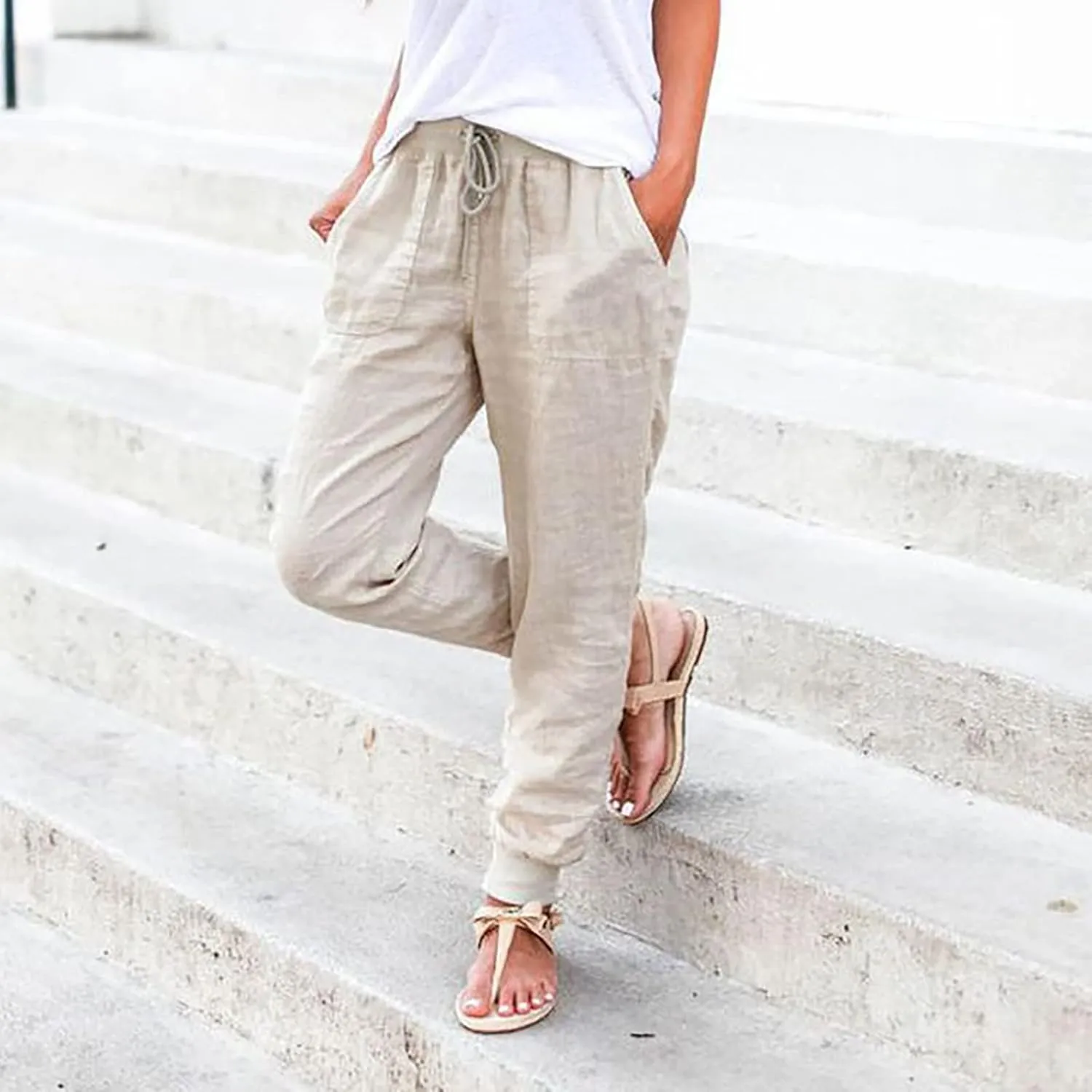Cotton Joggers for Women Lightweight Elastic Waist Tapered Leg Sweatpants with Pockets Summer Casual Vacation Clothes
