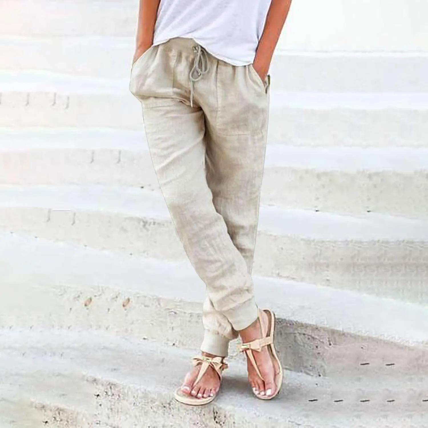Cotton Joggers for Women Lightweight Elastic Waist Tapered Leg Sweatpants with Pockets Summer Casual Vacation Clothes