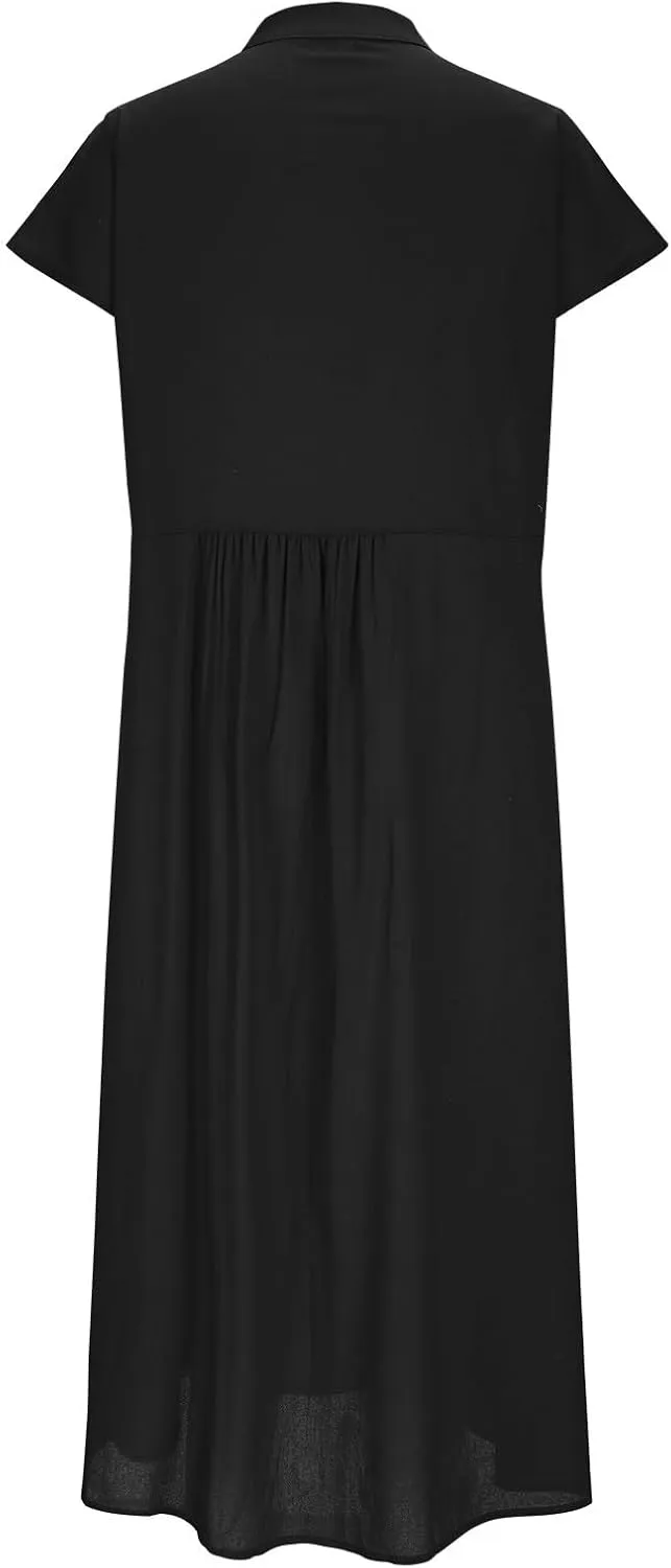 Cotton Linen Dresses for Women Casual Loose Button Down Shirt Dress Solid Color Cap Sleeve Midi Dress with Pocket