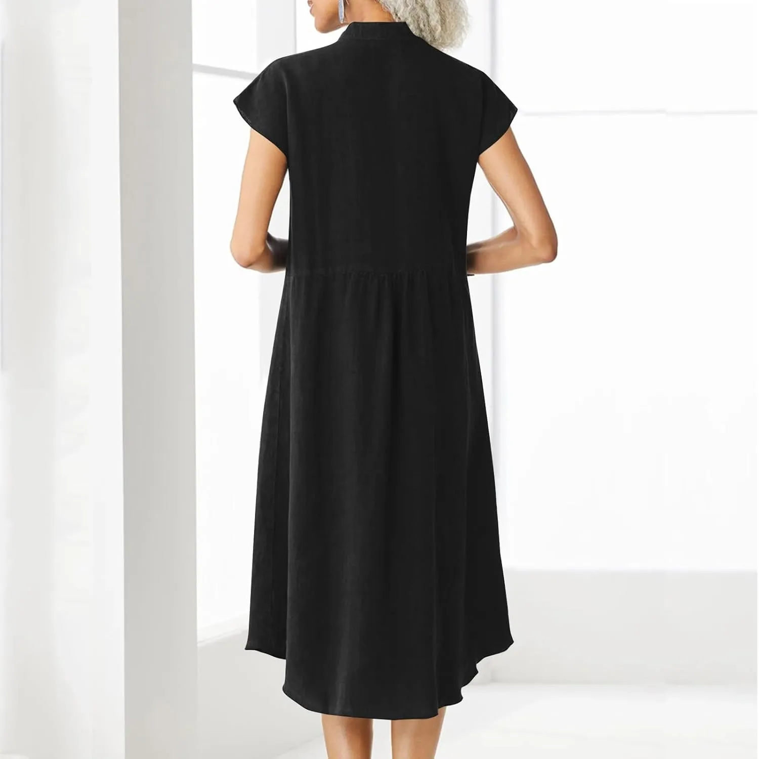 Cotton Linen Dresses for Women Casual Loose Button Down Shirt Dress Solid Color Cap Sleeve Midi Dress with Pocket