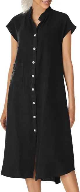 Cotton Linen Dresses for Women Casual Loose Button Down Shirt Dress Solid Color Cap Sleeve Midi Dress with Pocket