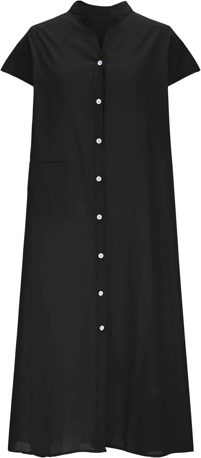 Cotton Linen Dresses for Women Casual Loose Button Down Shirt Dress Solid Color Cap Sleeve Midi Dress with Pocket