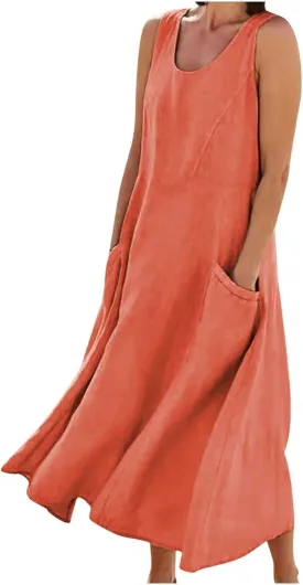 Cotton Linen Maxi Dress Women's 2025 Summer Boho Casual Beach Dresses Sleeveless Solid Long Sundress Vacation Outfits