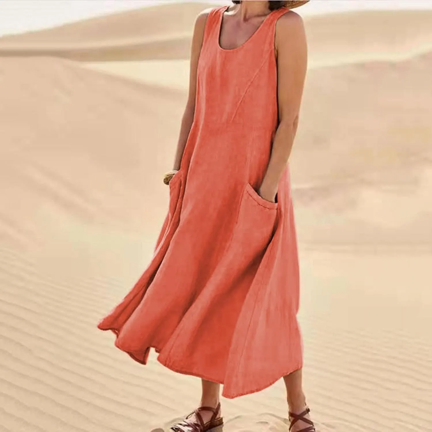 Cotton Linen Maxi Dress Women's 2025 Summer Boho Casual Beach Dresses Sleeveless Solid Long Sundress Vacation Outfits