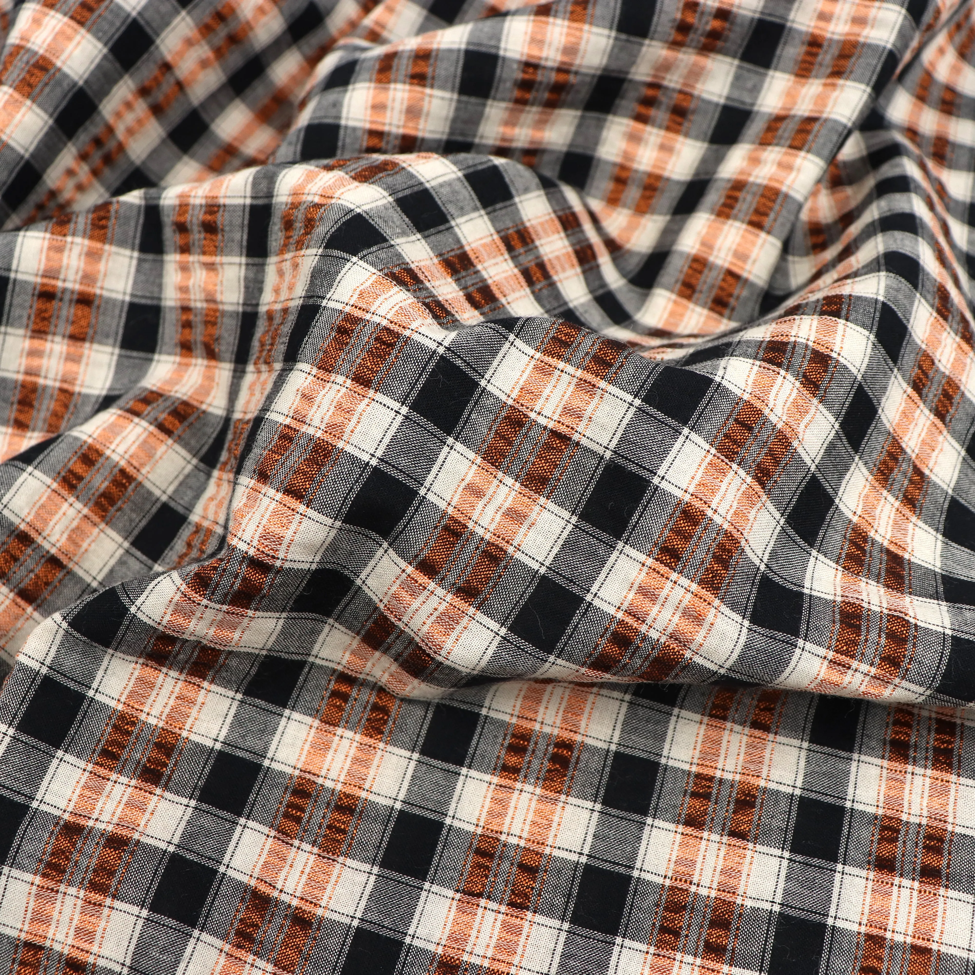 Cotton Seersucker - Yarn Dyed Metallic Copper   Black Check