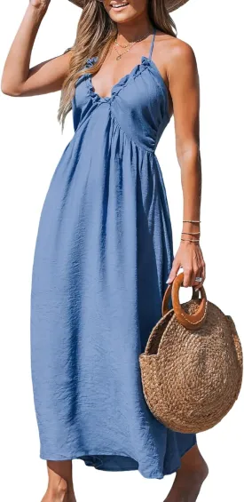 CUPSHE Women Backless Floral Summer Dress Plunging V Halter Neck Spaghetti Strap Ruffle Casual Beach Holiday Maxi Dress