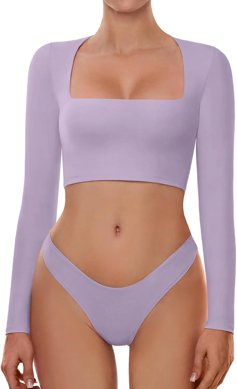 Cyanstyle Women's Sexy Square Neck Crop Tops Double Lined Long Sleeve Y2K Going Out T Shirts
