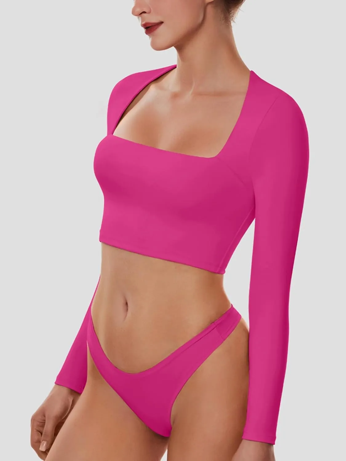 Cyanstyle Women's Sexy Square Neck Crop Tops Double Lined Long Sleeve Y2K Going Out T Shirts