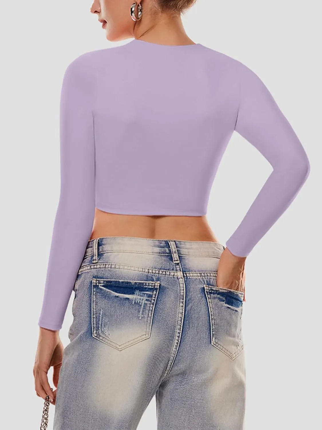 Cyanstyle Women's Sexy Square Neck Crop Tops Double Lined Long Sleeve Y2K Going Out T Shirts