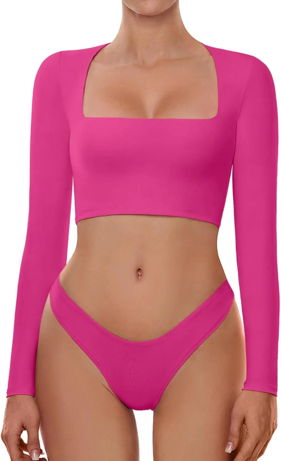 Cyanstyle Women's Sexy Square Neck Crop Tops Double Lined Long Sleeve Y2K Going Out T Shirts