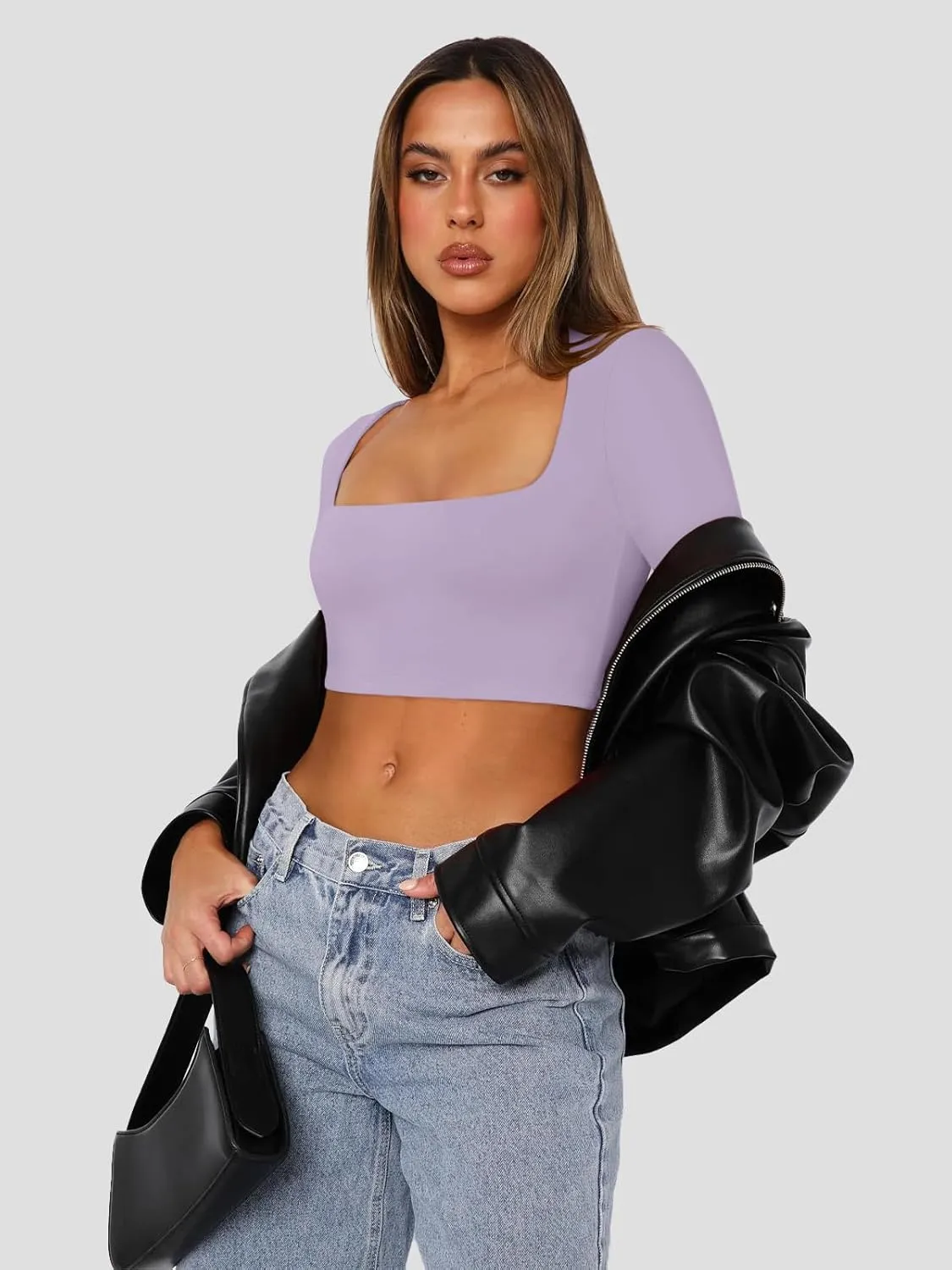 Cyanstyle Women's Sexy Square Neck Crop Tops Double Lined Long Sleeve Y2K Going Out T Shirts