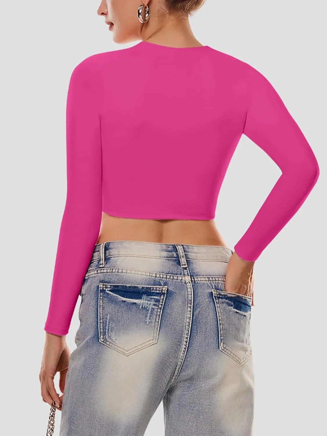 Cyanstyle Women's Sexy Square Neck Crop Tops Double Lined Long Sleeve Y2K Going Out T Shirts