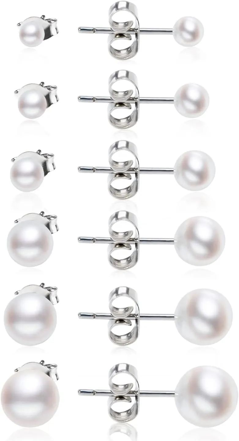 Dainty Pearl Earrings for Women: Hypoallergenic 6 Pairs AAA  Quality Freshwater Cultured Pearl Earrings - Tiny to Big (3-8MM)