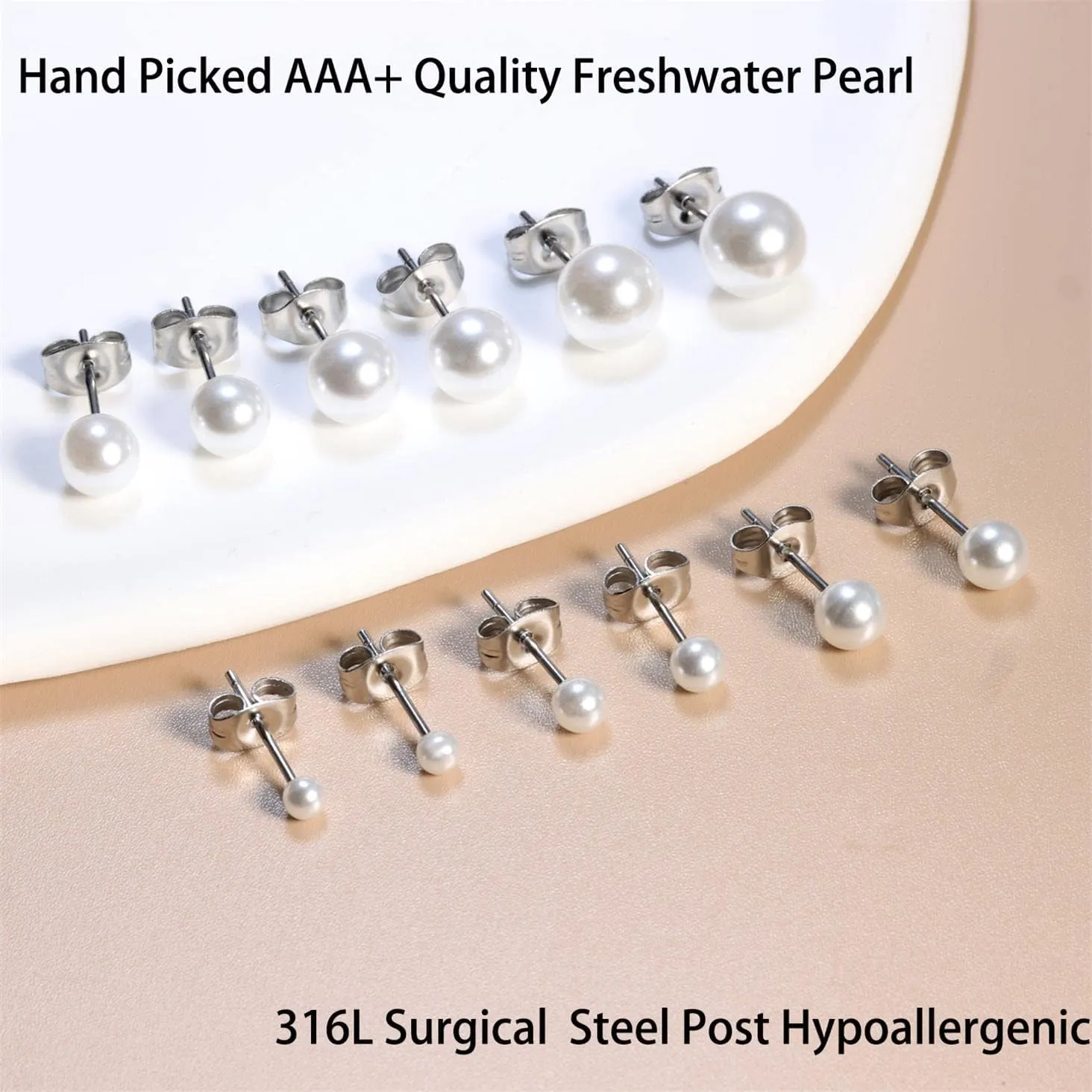 Dainty Pearl Earrings for Women: Hypoallergenic 6 Pairs AAA  Quality Freshwater Cultured Pearl Earrings - Tiny to Big (3-8MM)